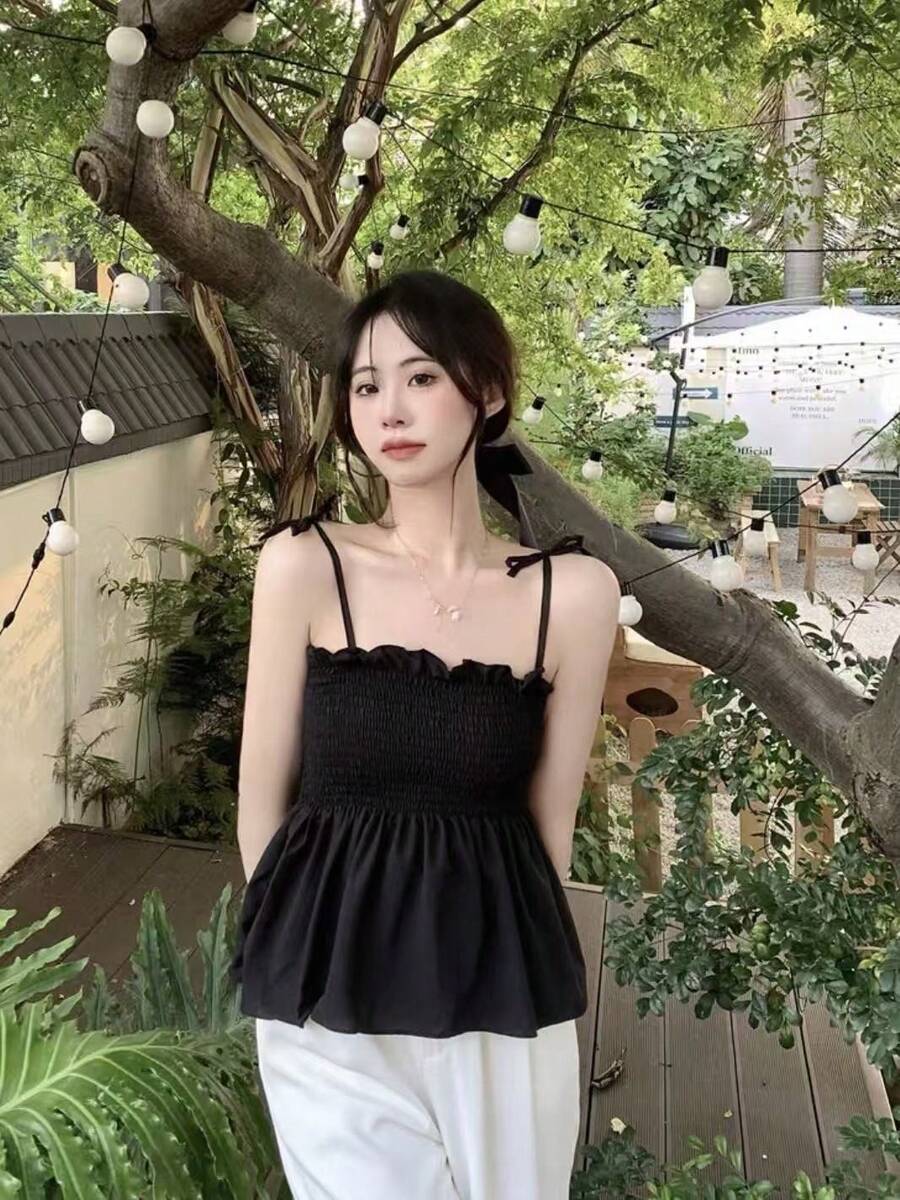 T109Crop Top With Straps And Ruffles - Negro - Ver 1