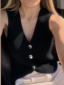 Women's Vest With Button - màu đen - Xem 2
