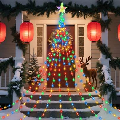 8种灯光模式太阳能LED圣诞星瀑布灯 - 室内/室外装饰，适用于花园窗帘、圣诞树、庭院 - 适合节日、派对、婚礼和家居装饰，理想的节日礼物