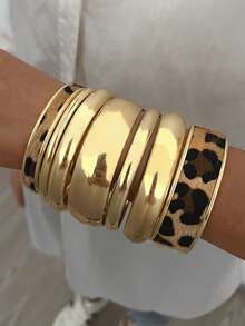 7 件复古优雅硬币设计豹纹金属手镯套装，简约时尚嘻哈时尚配饰，适合女性、海滩、派对、音乐节、约会、日常穿着、所有季节 - 金黃色 - 查看 13