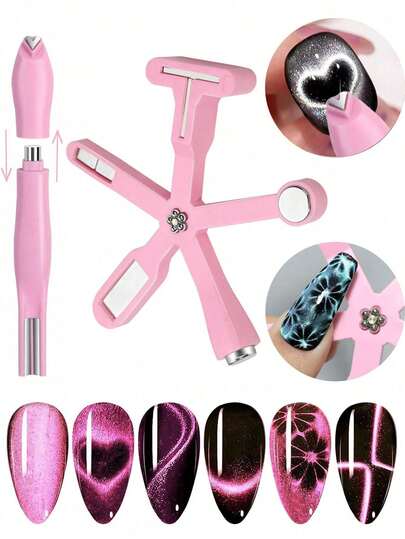 2 piezas Imanes en forma de corazón 3D de color rosa. Juego de 9 en 1 con efecto de ojo de gato, patrón de doble línea, patrón de serpiente, flor, corazón y manicura francesa de gel UV. Herramienta magnética multifuncional de gel UV para arte de uñas de ojo de gato francés, adecuada para manicura en casa, salón, manualidades DIY, suministros de arte de uñas, herramientas de uñas, temporada de vuelta a clases, uñas postizas, herramientas de uñas y pedicura.