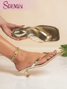 SDEMIN Summer New Arrival Women's Solid Color Slippers, Elegant Vacation Shoes, Casual Beach High Heels Sandals, Fashionable Easy-On Heels For Dress - 金色 - 查看 4