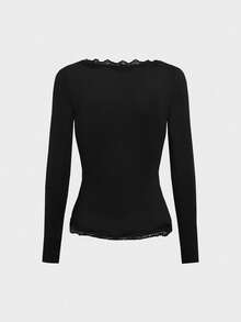 黑色蕾丝边方领修身吊带长袖上衣 - 黑色 - 查看 6