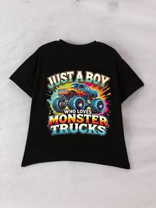 Young Boy Monster Truck Print And Slogan Pattern Casual Loose Round Neck Short Sleeve T-Shirt, Suitable For Spring And Summer. - Black - View 2