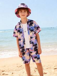 Tween Boy Coconut Tree & Beach Printed Casual 3pcs/Set With Hat, Summer - Mauve Purple - View 3
