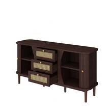 Sideboard, Rattan Chest Of Drawers, Chest Of Drawers With Sliding Doors, Adjustable Shelves And Rounded Top. - Natural + Particle Board - View 5
