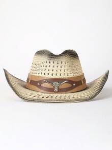 1 pieza Sombrero de paja tipo Panamá casual y bohemio con bloques de color, protección UV y a prueba de viento, versátil para hombres y mujeres, para todas las estaciones