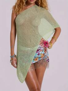 Women Sheer Poncho Shrug Lightweight See Through Knitted Mesh Shawl Y2k Asymmetrical Poncho Tops Cover Ups - màu xanh lá - Xem 3