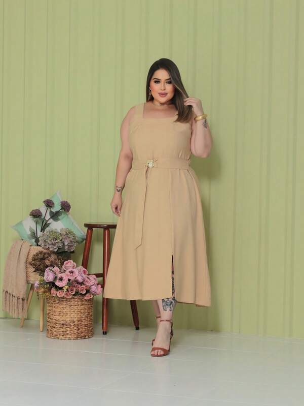 Vestido Midi Com Alça em Alfaiataria – Plus Size