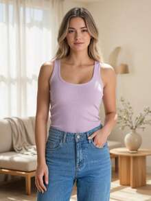 Cotton Ribbed Racerback Tank Top - Lila - Bekijken 1