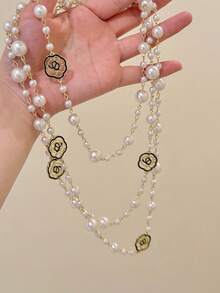 1pc Stainless Steel Hollow Flower Pearl Necklace, Long Style Versatile Fashion Sweater Chain Accessory, Rose Flower Pendant - Gold White - View 1