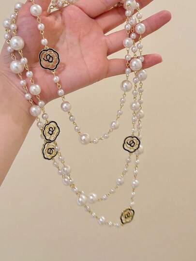 1pc Stainless Steel Hollow Flower Pearl Necklace, Long Style Versatile Fashion Sweater Chain Accessory, Rose Flower Pendant