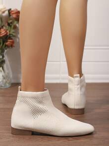 女士方头短靴，时尚踝靴，舒适透气弹力踝靴 - 白色 - 查看 5