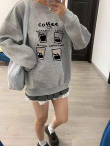 女式休闲宽松套头衫，咖啡杯字母印花，百搭秋冬装
