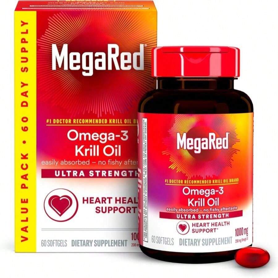 MegaRed Ultra Strength 1000mg Omega-3 Krill Oil Supplement With EPA_DHA, Astaxanthin &Amp; Phospholipids, No Fish Oil Aftertaste Supports Heart, Brain, Joint And Eye Health, 60 Count Softgels - Flavor NameD - 查看 1