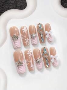 Bộ 10 miếng dán móng tay thủ công mùa đông, hình hạnh nhân, vuông, miệng vịt, màu hồng, kiểu Pháp, họa tiết bông tuyết vẽ tay, ngôi sao, nơ, trái tim đính đá, kèm bộ dụng cụ, phù hợp cho phụ nữ và bé gái, các bữa tiệc mùa thu/đông, Giáng sinh và chăm sóc móng tay hàng ngày. - Nhiều màu - Xem 4