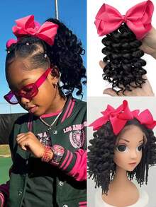 1pc Cute Girl Braided Ponytail Wig, Synthetic Hair Extension With Bow Decor Ribbon, Detachable & Reusable, Ideal Gift (Bow Color Options: Orange, Blue, Yellow, Red, Pink, Turquoise, Light Purple), Halloween - Black - View 7