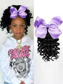 1pc Cute Girl Braided Ponytail Wig, Synthetic Hair Extension With Bow Decor Ribbon, Detachable & Reusable, Ideal Gift (Bow Color Options: Orange, Blue, Yellow, Red, Pink, Turquoise, Light Purple), Halloween - Black - View 15