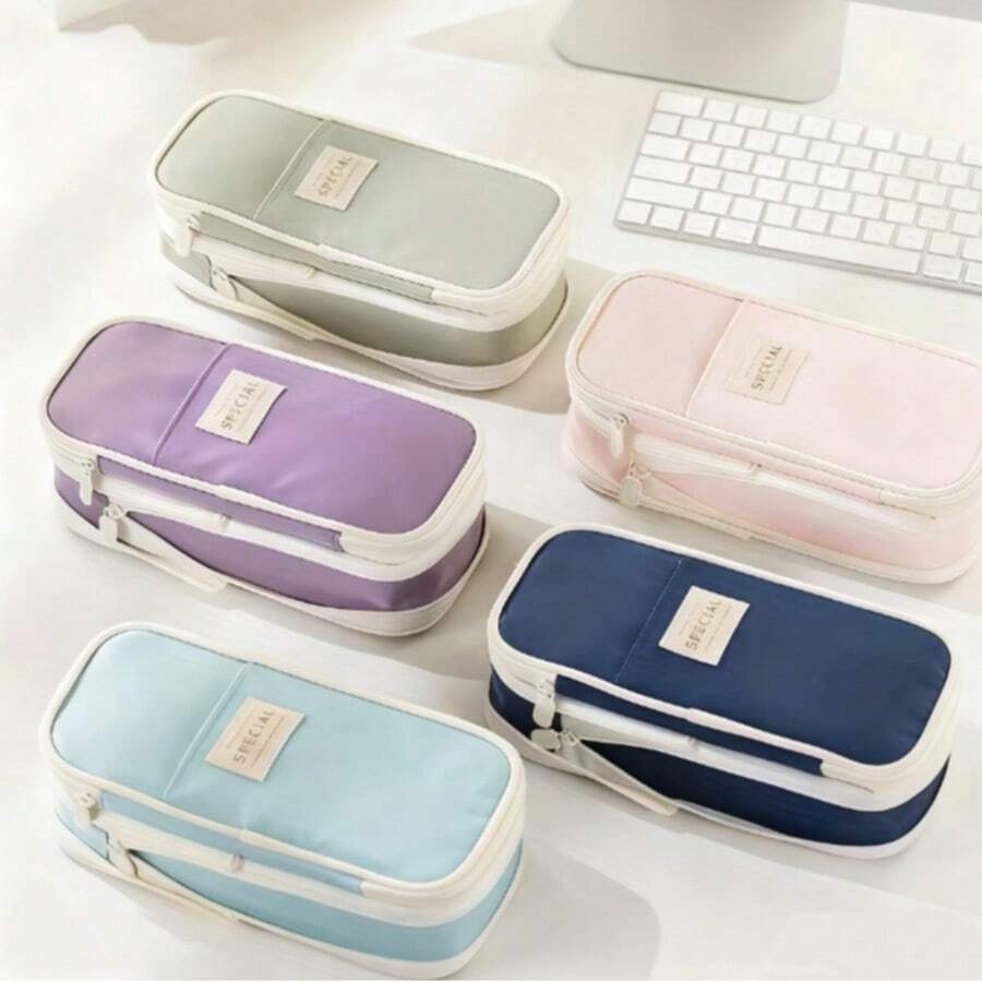 High-Quality Large Capacity Pencil Case, Minimalist Oxford Cloth Stationery Bag With Dual Compartments,Back To School - Green - View 1