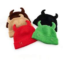 Devil Horns Handmade Quirky Knitted Hat Creative Fun Women's Autumn Winter Unique Pin Cold Hat Hip Hop Melon Skin Knitted Hat Unisex Couple Style Warm Hat Suitable For Couples Party Daily Wear - Xám - Xem 3