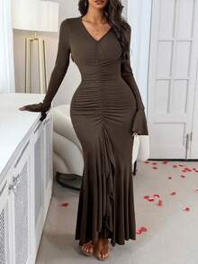 Robe longue pour femmes PoPoHouse, automne/hiver, tempérament élégant, design slim, sensation sensuelle, jupe enveloppante - Tabac - Voir 7