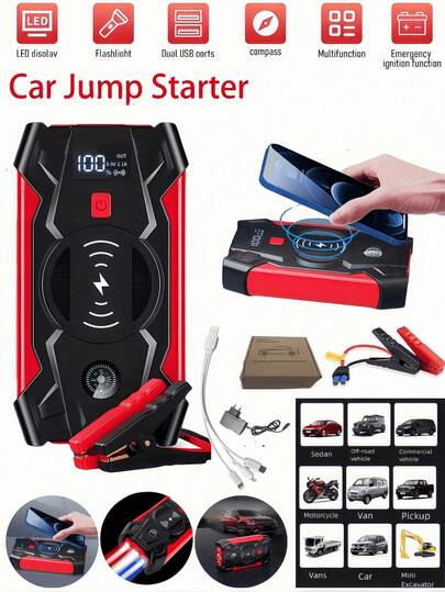 Arrancador de emergencia para coche de 12V, banco de energía, cargador inalámbrico para teléfono móvil, reforzador de batería, herramienta de rescate