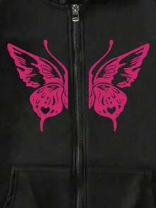 1pc Teenage Girls Fashion Butterfly Print Hooded Jacket, Velvet Casual Sweatshirt Sweatshirt, Autumn/Winter - Black - View 5