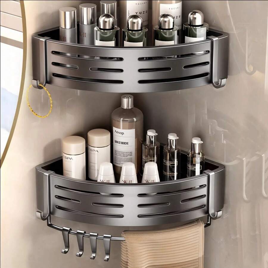 FEELSO 2 Pack Corner Shower Caddy Suction Cup Rust-Proof Aluminum Alloy With 8 Hooks No Drilling Required Removable Waterproof Nathroom Storage Rack For Shampoo, Shower Gel, Razors - 灰色 - 查看 1