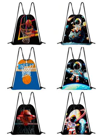 Kids' Basketball/Cartoon Astronaut & Cartoon Planet Printed Drawstring Bags - Drawstring Bags For Girls/Boys/Teen Boys/Teen Girls/Girl, Also For Overnight Use, Tote Bags, Sleepover Bags For Girls, Dance Bags, Beach Bags, Gym & Swimming Bags, Gift Bags. Ideal Gift Option