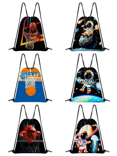 Kids' Basketball/Cartoon Astronaut & Cartoon Planet Printed Drawstring Bags - Drawstring Bags For Girls/Boys/Teen Boys/Teen Girls/Girl, Also For Overnight Use, Tote Bags, Sleepover Bags For Girls, Dance Bags, Beach Bags, Gym & Swimming Bags, Gift Bags. Ideal Gift Option