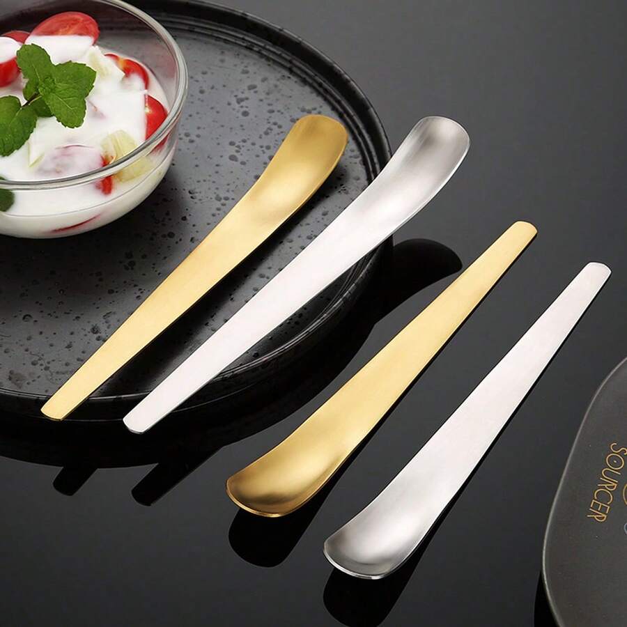 Stainless Steel Spoon, Long Handle Mixing Spoon, Flat Head Spoon For Eating, Dessert, Cake, Ice Cream - Multicolor - View 1