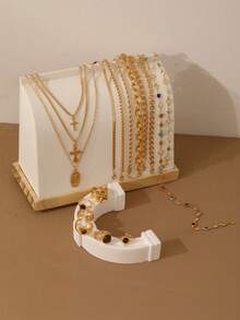 17KM Colar Y multicamadas com pingente de cristal em cruz, simples e moderno, 16 peças, conjunto de anéis empilháveis âmbar, cor outono/inverno, conjunto de pulseiras de corrente grossa exagerada, conjunto de joias femininas, adequado para feriados, encontros, uso diário, festas, casamentos, Natal, presente de Ação de Graças