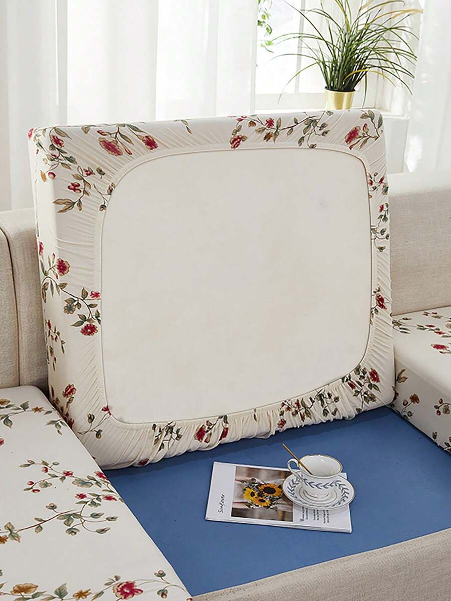 1 件条纹和花卉印花弹力沙发坐垫套，适合所有季节 - 彩色 - 查看 1