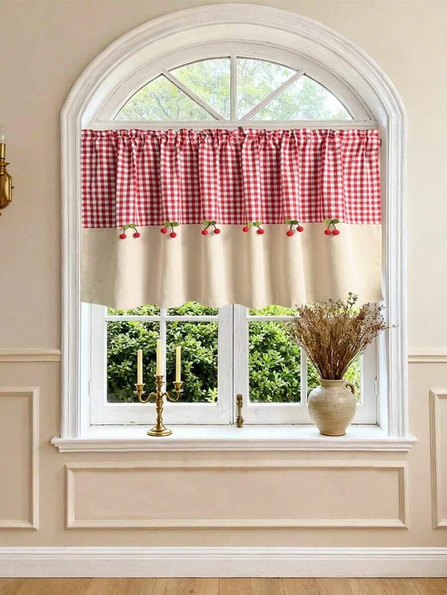 1pc Red Buffalo Check Kitchen Curtain Valances For Windows Farmhouse Half Window Curtains Cherry Pom Poms Short Curtain For Bathroom Small Windows - Multicolor - View 1