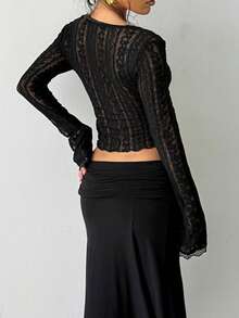 Women's Contrast Lace V-Neck Long Sleeve Sexy Jacquard Lace Trim Blouse - Black - View 2