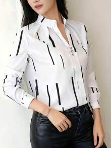 Elegant Long Sleeve Top With Red And Navy Stripes, Machine Washable Non-Fitted Fabric For Spring And Autumn, Versatile Casual To Formal Wear Black - Black - View 5