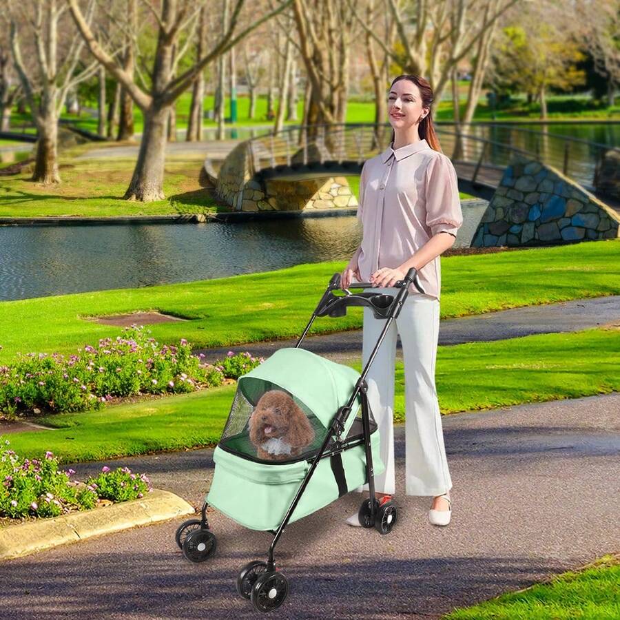 Carrito plegable 2 en 1 para perros y gatos, con ventana de malla y portavasos, ideal para perros y gatos pequeños. - Verde - Ver 1