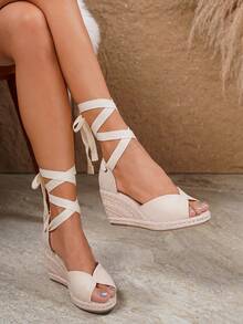 Women's Fashionable Casual Vacation Woven Wedge Sandals - Apricot - View 20