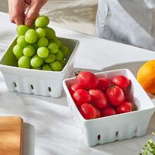 Ceramic Berry Basket Square Fruit Bowls With Holes Berry Bowl Colander Fruit Basket For Kitchen Décor - 5.8" Berry Containers For Fridge, Set Of 2, White - 白色 - 查看 3