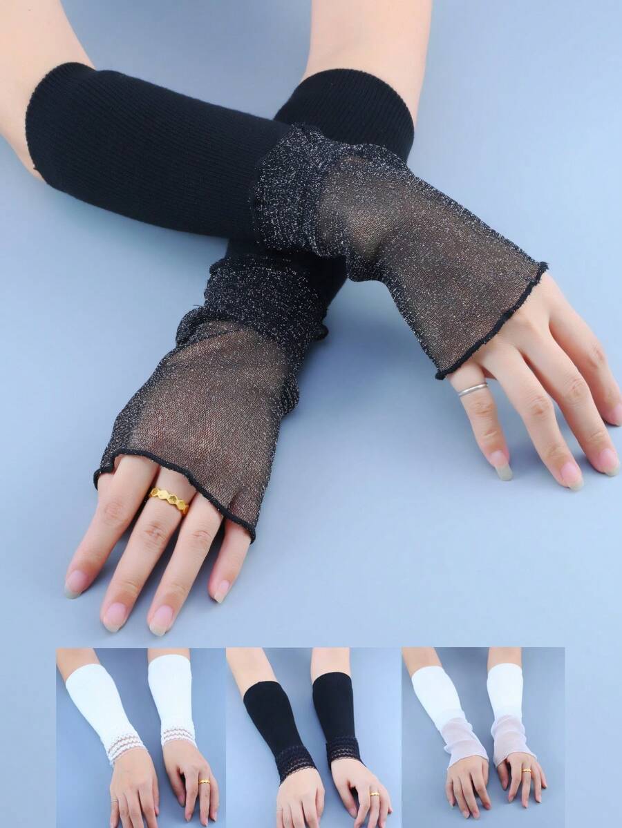 1 paire de manchettes sans doigts décoratives en dentelle tricotée élastique à la mode, convient comme accessoire vestimentaire pour femmes et filles