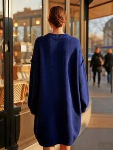 1pc Plus Size Loose Solid Ribbed Plus Size Sweater, Casual Home & Everyday Wear, Autumn/Winter - Royal Blue - View 8