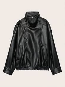 Women's Solid Color Faux Leather Long Sleeve Jacket, Autumn/Winter Black Spring - Black - View 2