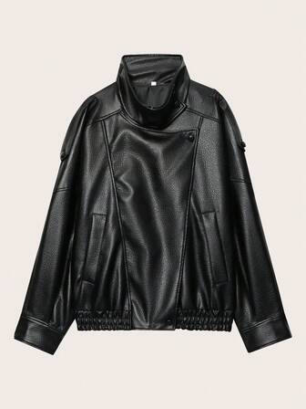 Women's Solid Color Faux Leather Long Sleeve Jacket, Autumn/Winter