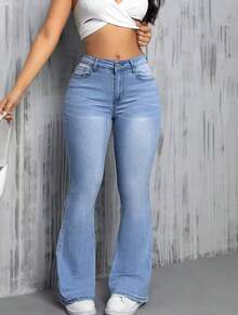 Women's Flare Jeans High Waist Gringa Fashion Style Fitted At The Hips And Wide Leg Butt Lift Effect Jeans With Elastane Light Blue Super Comfortable And Stylish  Piece That Enhances Curves - 淺色水洗藍 - 查看 5