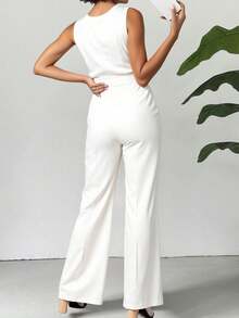 Mujer elegante mono con cinturón diseño cruzado cintura ajustada holgado escote en V sin mangas primavera verano fiesta pierna ancha - Blanco - Ver 3