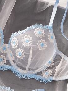 性感透明蕾丝刺绣内衣套装，舒适迷人 - 藍白色 - 查看 3