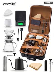 choxila 13pcs V02 Pour Over Coffee Set With Storage Box, Includes Coffee Dripper, Coffee Pot, Coffee Filters, Grinder, Coffee Cups, Digital Scale, Coffee Spoon, Cleaning Brush. Ideal Gift For Coffee Lovers, Families, Coffee Enthusiasts. Suitable For Home, Cafe, Camping, Office, Coffee Corner. - Coffee Set - View 14