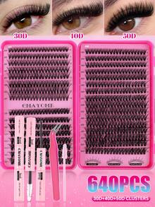 640pcs D-Shaped Segmented False Eyelashes, 10D+20D+30D+40D+50D Mixed Length, Thick & Natural Black Individual Lashes DIY Home Kit. Thickened Design, Easy For Beginners. Long-Lasting & Comfortable Wear, Suitable For Parties And Various Occasions. - 粉色 - 查看 3