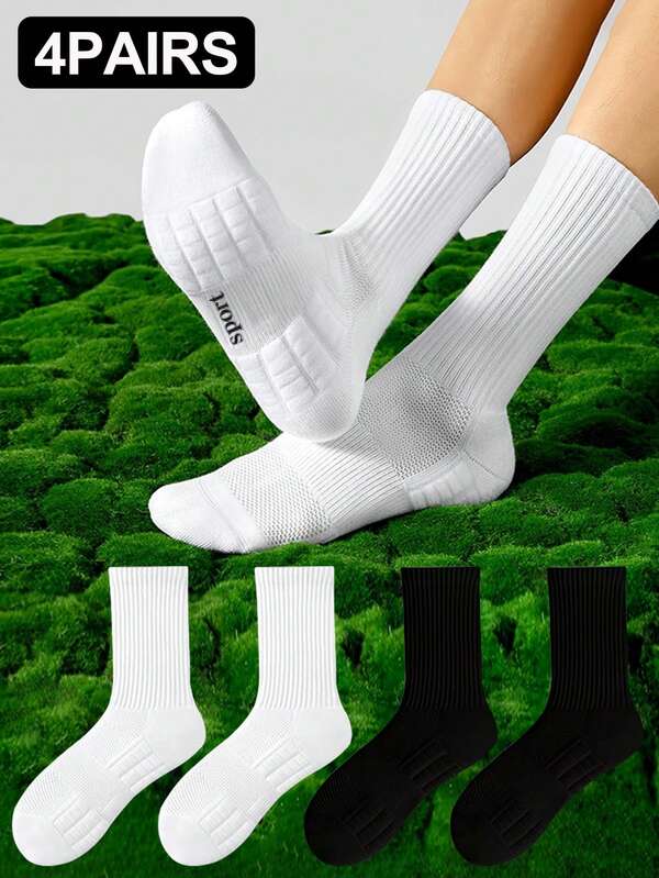 4 Pasang Kaos Kaki Tebal Bahan Terry, Kaos Kaki Putih Setengah Betis untuk Pria, Kaos Kaki Penyerap Keringat untuk Tenis, Bulu Tangkis, Lari, Bola Basket, Pasangan
