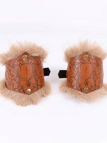 2件装PU皮革维京护腕：仿毛皮镶边骷髅印花盔甲，适合角色扮演游戏、文艺复兴集市和角色扮演活动 - A - 查看 9